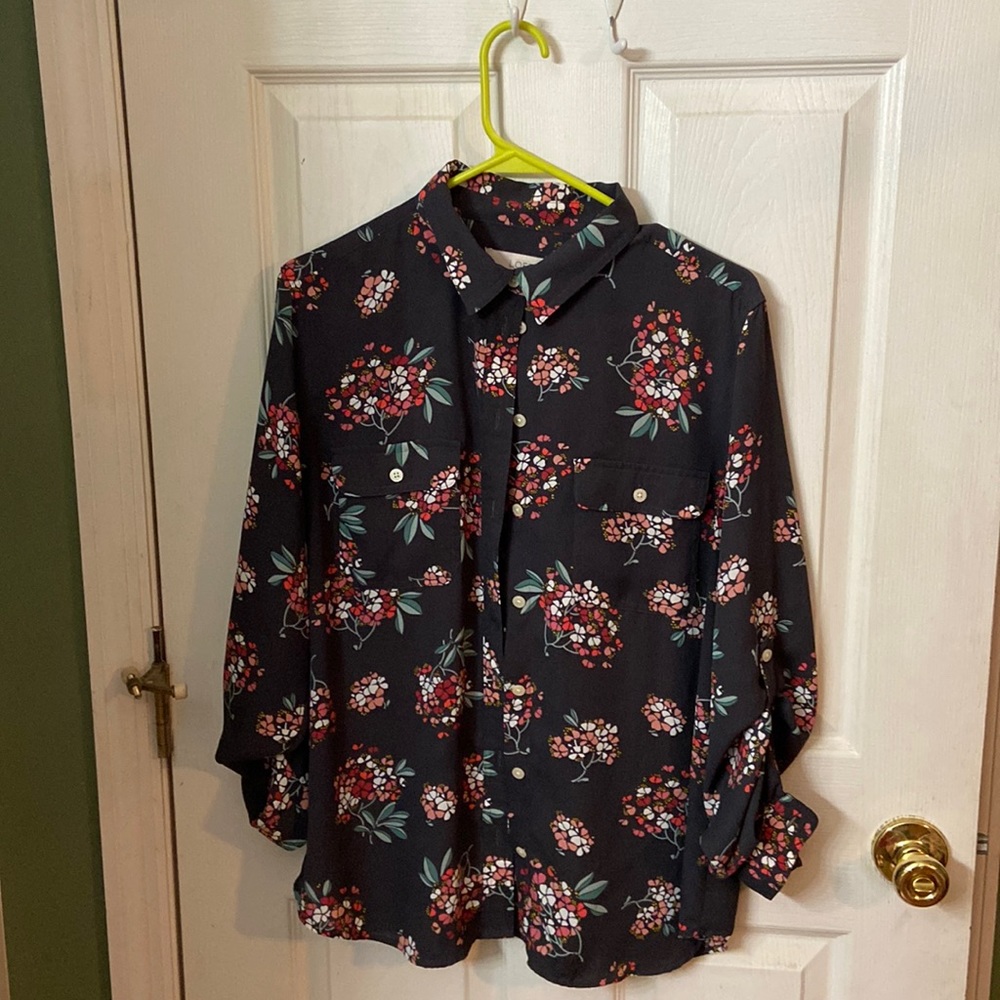 Loft button down multicolored flower print blouse size L